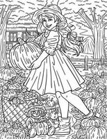 Thanksgiving Girl Pumpkin Basket Adults Coloring vector