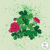 Bush of flowers on white background. Drawn pink hibiscus flowers and green foliage, artistic vector illustration. Floral botanical trendy pattern with watercolor splatter. Grafic design, greeting card