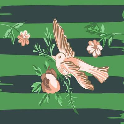 Drawing bird flying with flower roses tropical vintage print, seamless stripes pattern retro background in pastel colors. Vector illustration for design, fashion, textile, greeting card, invitation