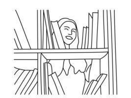 sonriente mujer elige un libro en el biblioteca en blanco. minimalista mano dibujado hembra vector retrato en moderno resumen gráfico estilo con uno línea. impresión decoración, pared arte, social medios de comunicación creativo diseño