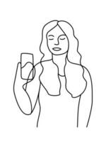 minimalista mano dibujado hembra vector retrato en moderno resumen uno línea dibujo gráfico estilo. decoración imprimir, pared arte, creativo diseño social medios de comunicación. de moda modelo mujer habla en el teléfono en blanco