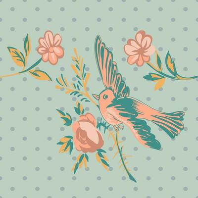 Drawing bird flying with flower roses tropical vintage print, seamless halftone polka dot pattern retro background in pastel colors. Vector illustration for design, fashion, textile, greeting card