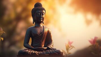 Buddha statue on sunset background. photo