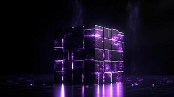 3d rendering of black cubes with purple neon lights on black background. photo