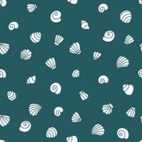 Seamless pattern with seashells on blue background. Flat vector illustration.