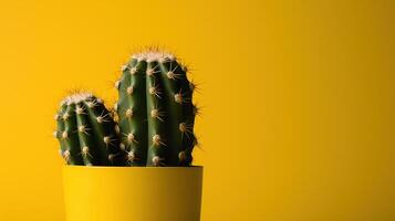 Cactus in yellow pot on yellow background with copy space. Minimal style. photo