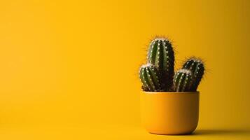 Cactus in yellow pot on yellow background with copy space. Minimal style. photo
