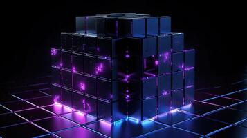 3d rendering of black cubes with purple neon lights on black background. photo