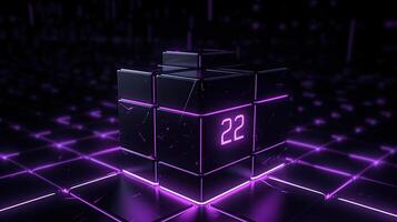 3d rendering of black cubes with purple neon lights on black background. photo