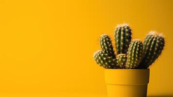 Cactus in yellow pot on yellow background with copy space. Minimal style. photo