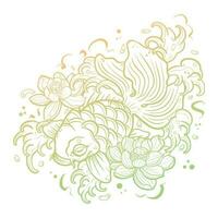 Outer lines, carp, water waves and lotus flowers. Japanese or Asian style tattoo. vector