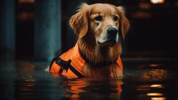 cute golden retriever swimming in swimming pool with orange life jacket. photo