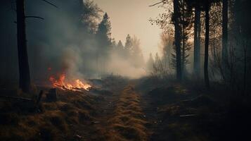 Forest fire in the forest. The concept of disaster and ecology,Burning dry grass and trees in the forest. photo