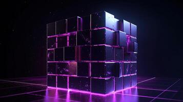 3d representación de negro cubitos con púrpura neón luces en negro fondo.ai generativo foto