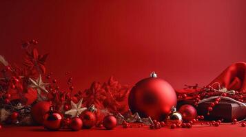 Christmas baubles on red background with copy space for your text. photo