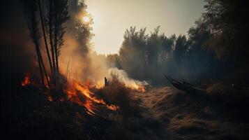 Forest fire in the forest. The concept of disaster and ecology,Burning dry grass and trees in the forest. photo