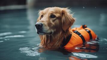cute golden retriever swimming in swimming pool with orange life jacket. photo