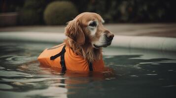 cute golden retriever swimming in swimming pool with orange life jacket. photo