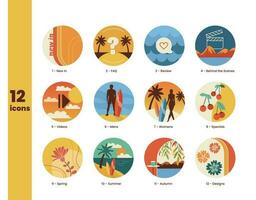 Highlight icons for travel blog. Tropical bright colors. Included the icons - FAQ, behind the scenes, videos, client reviews, new in, man, women. Vibrant collection for social media store account vector