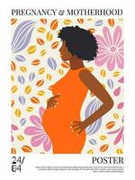 Beautiful pregnant black woman. Banner or poster for websites, advertising, greeting card. Mother's day greeting. Health care, female, happy motherhood concept. African American lady. vector