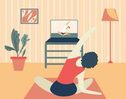 niña hacer ejercicio a hogar y acecho en línea tutoriales en ordenador portátil. moderno ilustración de un mujer haciendo yoga en el vivo habitación. pilates en línea clase, curso, cuarentena. ilustración para web plataforma vector