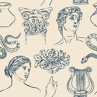 Seamless pattern with ancient statues. Ancient Greek sculpture elements, snake, David, harp, column capitals. Monochrome textile, wrapping paper, wallpaper print. Classical art background vector