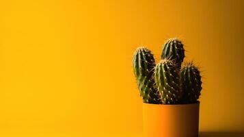 Cactus in yellow pot on yellow background with copy space. Minimal style. photo