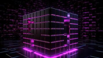 3d rendering of black cubes with purple neon lights on black background. photo