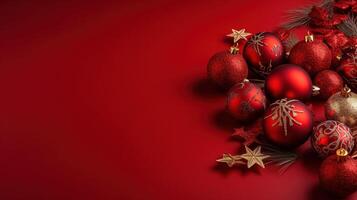 Christmas baubles on red background with copy space for your text. photo