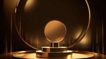 Golden podium with round frame on black background. Award ceremony concept. 3D rendering. photo