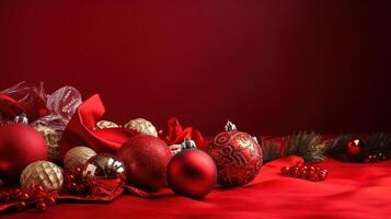 Christmas baubles on red background with copy space for your text. photo