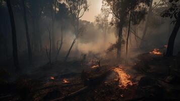 Forest fire in the forest. The concept of disaster and ecology,Burning dry grass and trees in the forest. photo