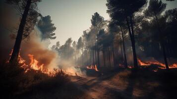 Forest fire in the forest. The concept of disaster and ecology,Burning dry grass and trees in the forest. photo