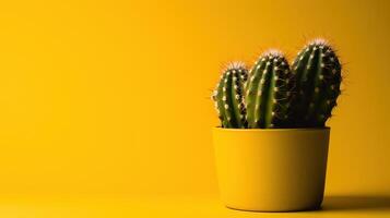 cactus en amarillo maceta en amarillo antecedentes con Copiar espacio. mínimo estilo.ai generativo foto