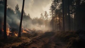 Forest fire in the forest. The concept of disaster and ecology,Burning dry grass and trees in the forest. photo