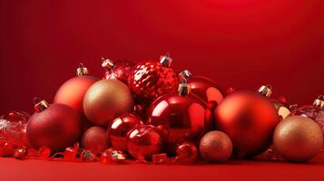 Christmas baubles on red background with copy space for your text. photo