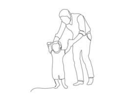 Father and son walking continuous line art drawing. Happy father holding his son single line vector.  Father's Day line  art. Fatherhood concept line art. vector