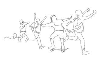 continuous line drawing of four jumping happy friends.  boys enjoy different styles of line art. friends playing line art.  childhood enjoy line art. vector