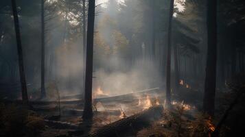 Forest fire in the forest. The concept of disaster and ecology,Burning dry grass and trees in the forest. photo