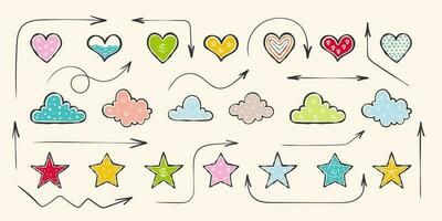 Hand-drawn heart and arrow icons for design. Casual doodles icons and objects. Vector scalable graphics