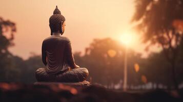 Buddha statue on sunset background. photo