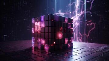 3d rendering of black cubes with purple neon lights on black background. photo