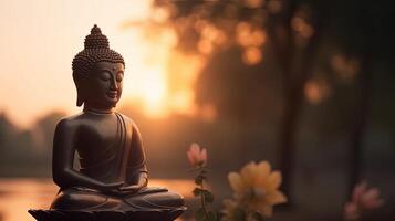 Buddha statue on sunset background. photo