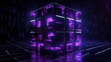 3d rendering of black cubes with purple neon lights on black background. photo