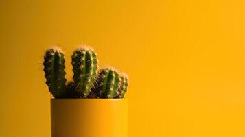 cactus en amarillo maceta en amarillo antecedentes con Copiar espacio. mínimo estilo.ai generativo foto