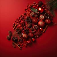 Christmas baubles on red background with copy space for your text. photo