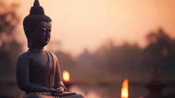 Buddha statue on sunset background. photo