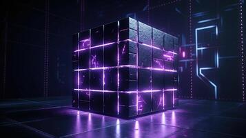 3d rendering of black cubes with purple neon lights on black background. photo