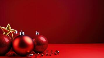 Christmas baubles on red background with copy space for your text. photo