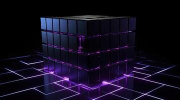 3d rendering of black cubes with purple neon lights on black background. photo